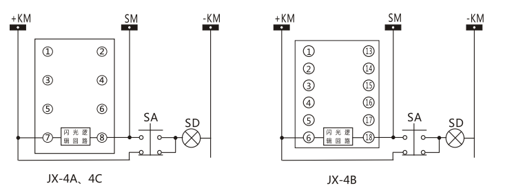 JX-4C閃光繼電器內(nèi)部接線(xiàn)及外引接線(xiàn)圖