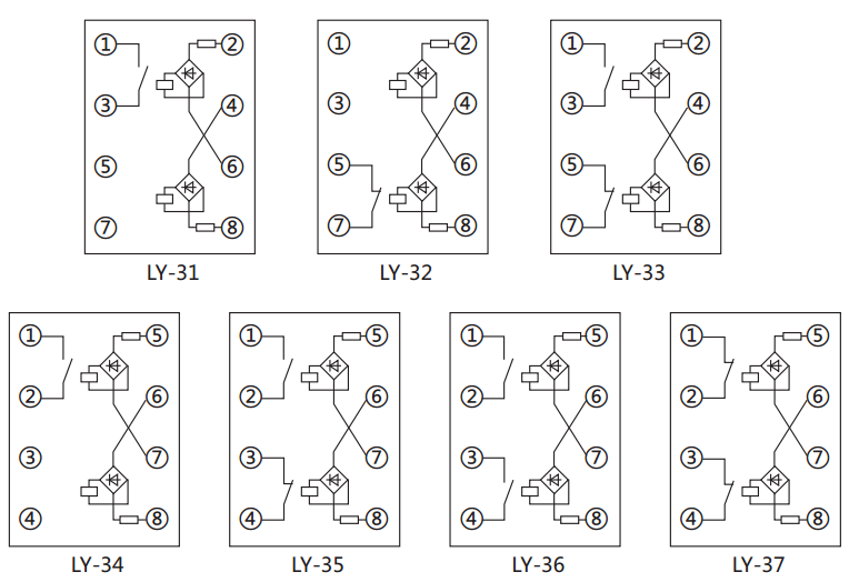 LY-31電壓繼電器內(nèi)部接線及外引接線圖 LY-31電壓繼電器內(nèi)部接線及外引接線圖