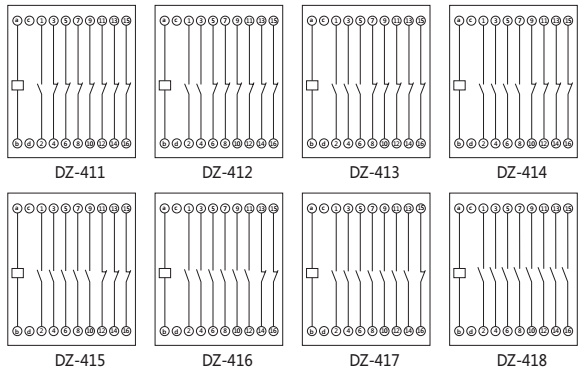DZ-415中間繼電器內(nèi)部接線圖以及外引接線圖 DZ-415中間繼電器內(nèi)部接線圖以及外引接線圖